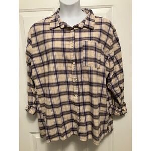 NWT‎ Cotton On Flannel Medium/Large Button Up Shirt Women's Beige Purple Plaid